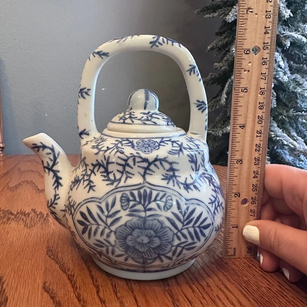 Vintage Teapot Small Blue White Chinoiserie Floral Ceramic Decor